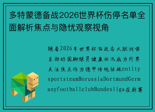 多特蒙德备战2026世界杯伤停名单全面解析焦点与隐忧观察视角